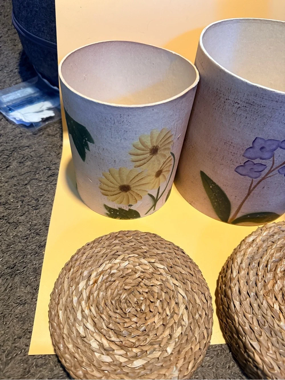 Hand-Painted Floral  Canisters with Woven Seagrass Lids - Cream